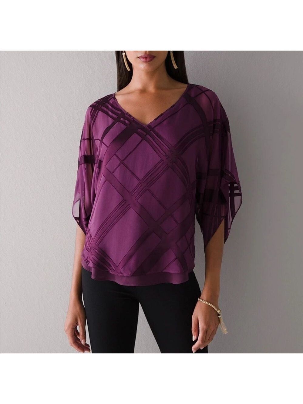 White House Black Market Top, Burgundy, Sheer Sleeves, Silk Lined Size S